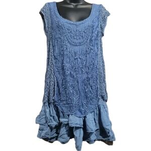 Tempo Paris Layered Blouse XL Blue Fairy Lace Ruffle Festival Boho Mixed Media